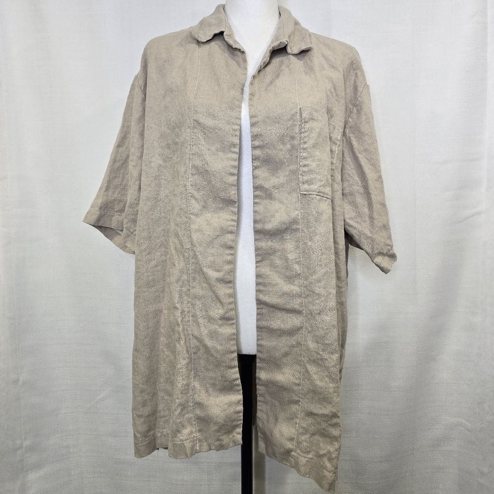 Bluefish Open Front Jacket Size XL Linen Collared Layering Lagenlook Tan Woven